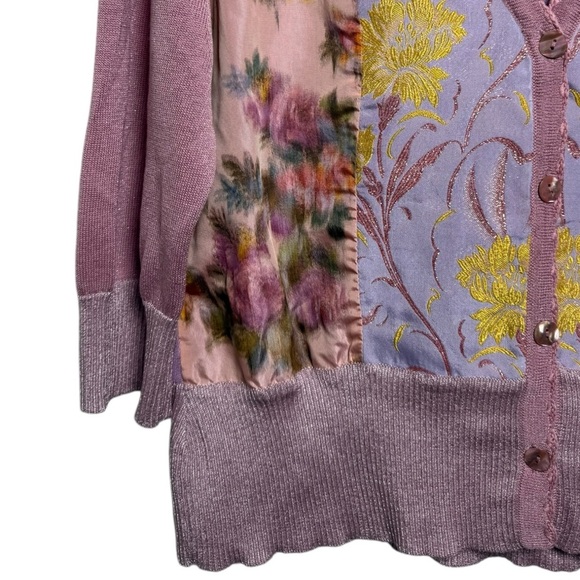 Michael Simon Silk Blend Floral Beaded Bird Cardigan Sweater Size XL Pink Purple - Picture 2 of 7